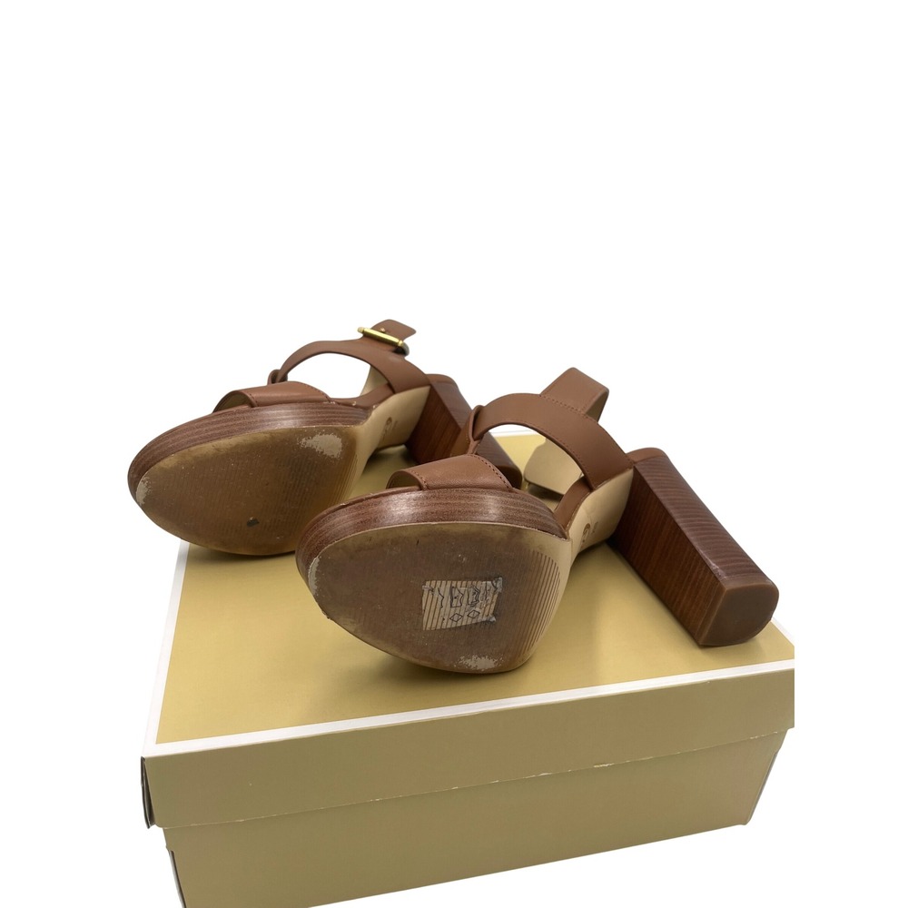 Michael Michael Kors Becker T-Strap Leather Sandals Luggage Brown 8M  JLA6UP - Picture 3 of 6
